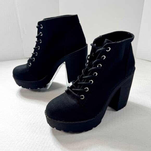 Canvas Chunky Platform Block Heel Combat Boots Divided 7 Grunge Indie Goth Bratz - Picture 2 of 8